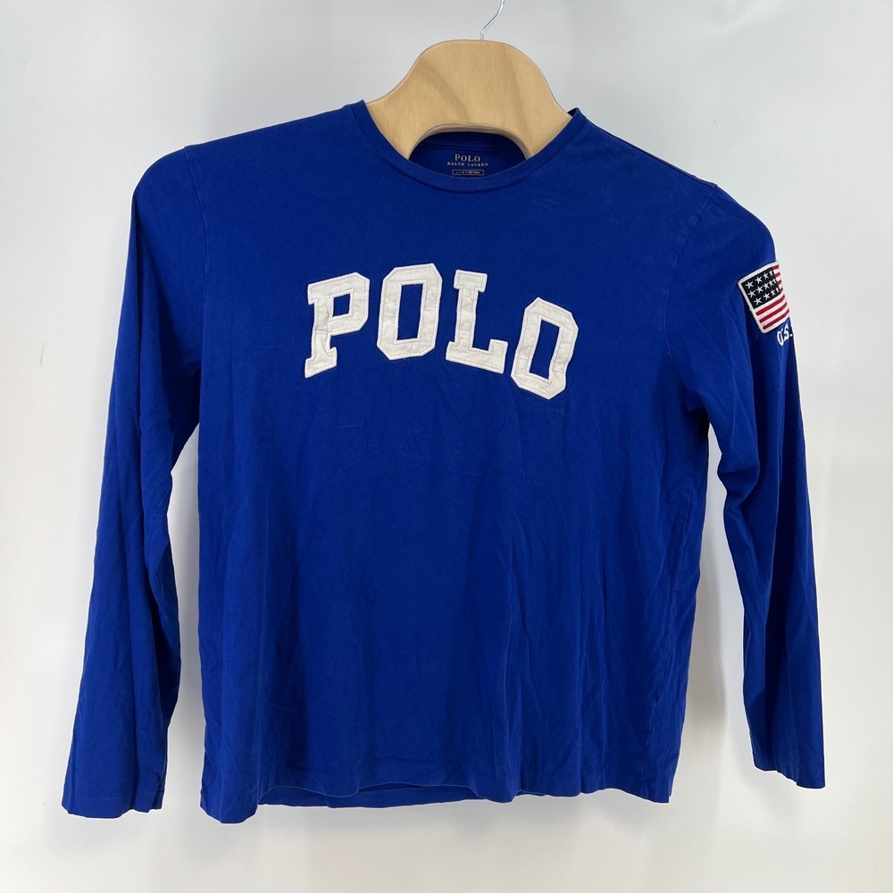 Polo Ralph Lauren Adult L Blue Long Sleeve Embroidered POLO USA Flag Patch Y2K - Picture 2 of 9